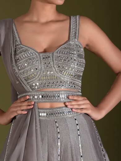 Mink Grey Mirror Embroidered Raw Silk Designer Lehenga - Image 2