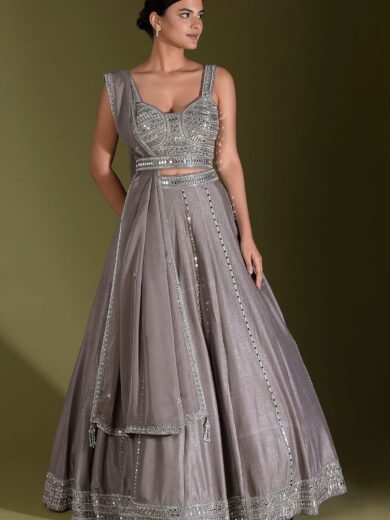 Mink Grey Mirror Embroidered Raw Silk Designer Lehenga - Image 5