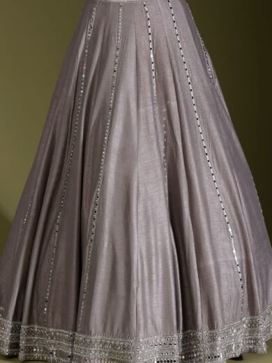 Mink Grey Mirror Embroidered Raw Silk Designer Lehenga - Image 6