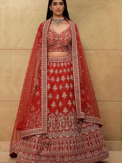 Persian Red Zari Embroidered Raw Silk Bridal Lehenga