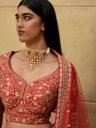 Persian Red Zari Embroidered Raw Silk Bridal Lehenga - Image 2