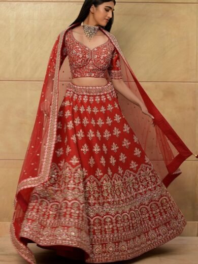 Persian Red Zari Embroidered Raw Silk Bridal Lehenga - Image 4