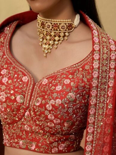 Persian Red Zari Embroidered Raw Silk Bridal Lehenga - Image 3