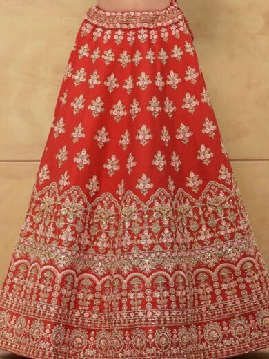 Persian Red Zari Embroidered Raw Silk Bridal Lehenga - Image 6