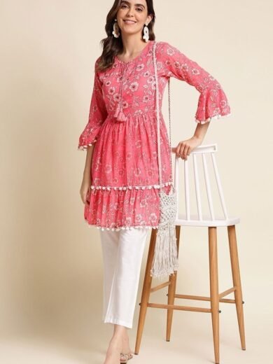 Tempting Cotton Fabric Pink Color Readymade Short Kurti With Printed Work
