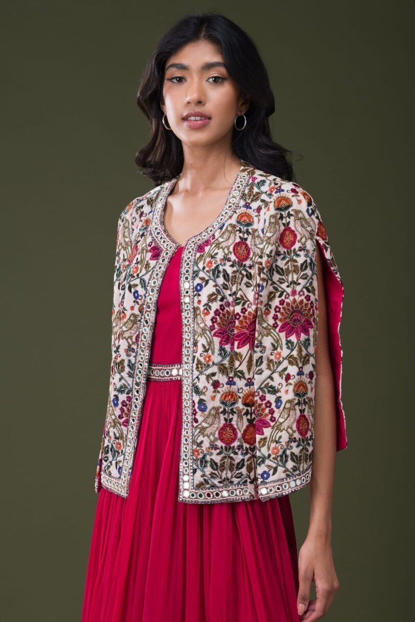 Dark Pink Mirror Embroidered Georgette Jumpsuit - Image 2