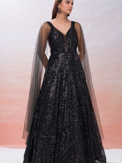 Black Sequins Embroidered Net Evening Gown