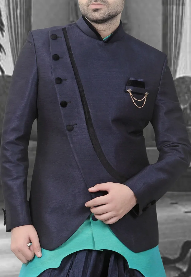 Jodhpuri Style Art Silk Bandhgala in Turquoise - Image 2