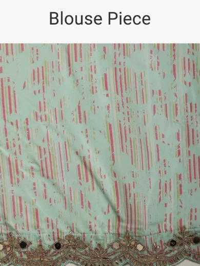 Mint Saree In Cotton Silk With Contrasting Floral Print And Gotta Embroidered Scallop Border - Image 6