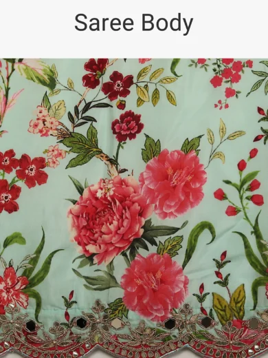 Mint Saree In Cotton Silk With Contrasting Floral Print And Gotta Embroidered Scallop Border - Image 5