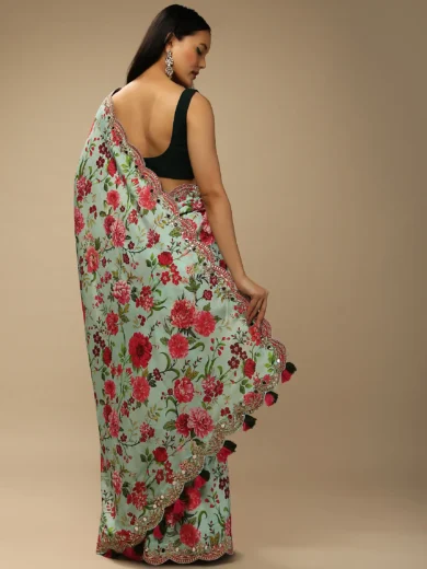 Mint Saree In Cotton Silk With Contrasting Floral Print And Gotta Embroidered Scallop Border - Image 4