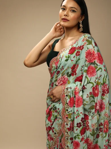 Mint Saree In Cotton Silk With Contrasting Floral Print And Gotta Embroidered Scallop Border - Image 3
