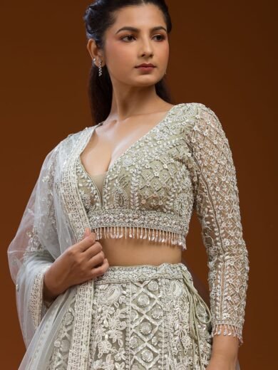 Light Grey Sequins Embroidered Net Sangeet Lehenga - Image 3