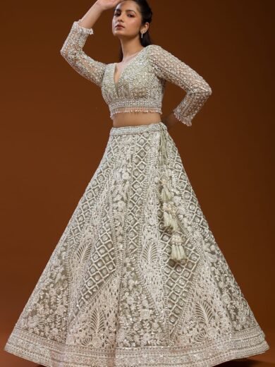 Light Grey Sequins Embroidered Net Sangeet Lehenga - Image 2