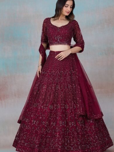 Biking Red Sequins Embroidered Net Sangeet Lehenga