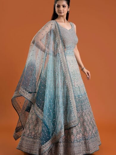Light Blue Mirror Embroidered Silk Indowestern Gowns