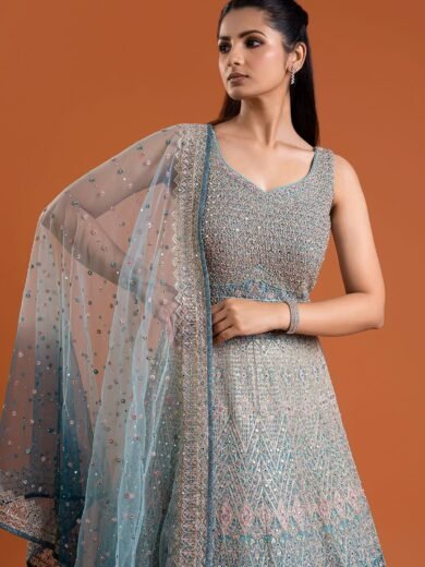 Light Blue Mirror Embroidered Silk Indowestern Gowns - Image 2