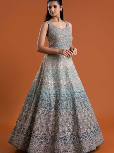 Light Blue Mirror Embroidered Silk Indowestern Gowns - Image 3