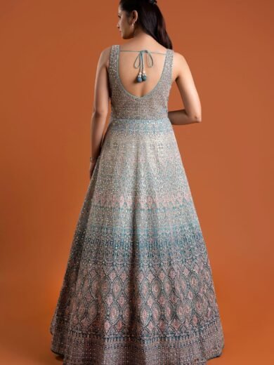 Light Blue Mirror Embroidered Silk Indowestern Gowns - Image 4