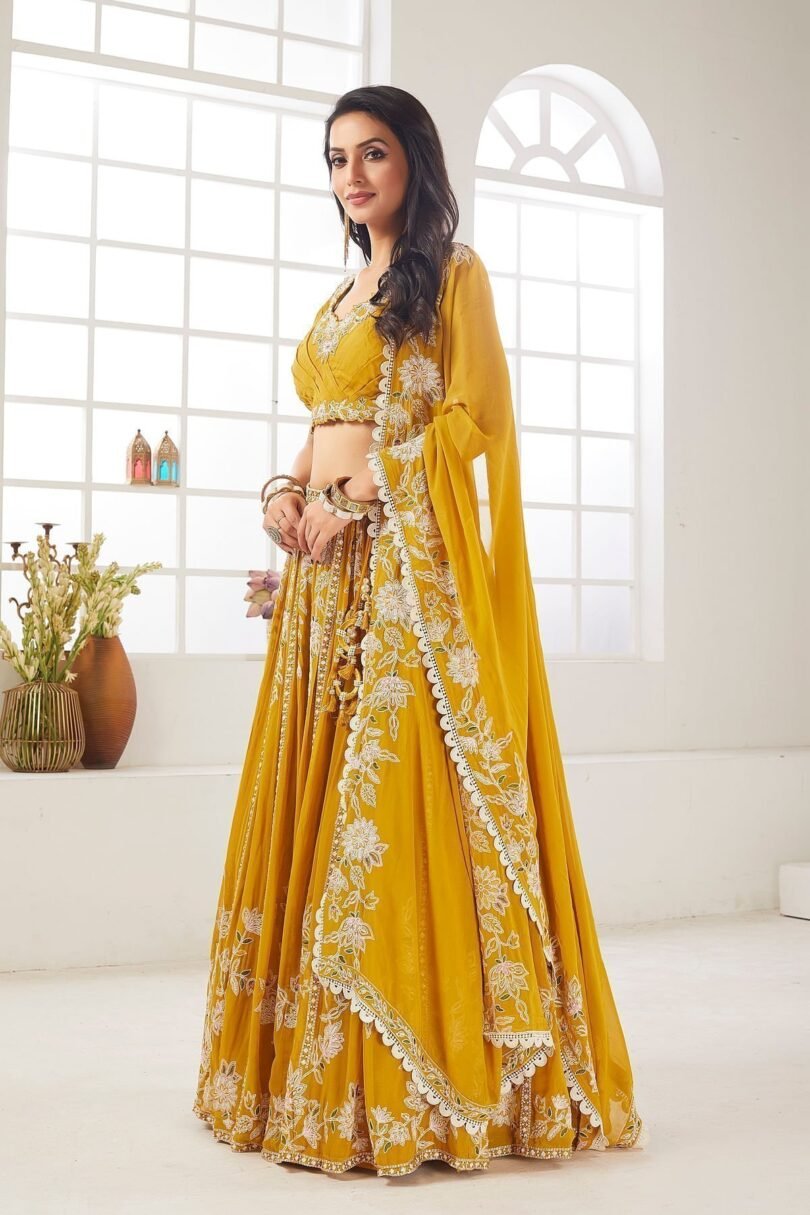 Spectra Yellow Sequins Embroidered Georgette Crop Top Lehenga - Image 3