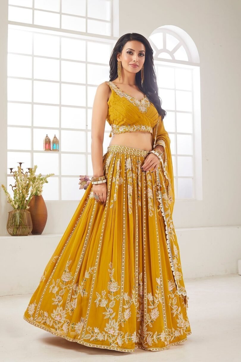 Spectra Yellow Sequins Embroidered Georgette Crop Top Lehenga - Image 4