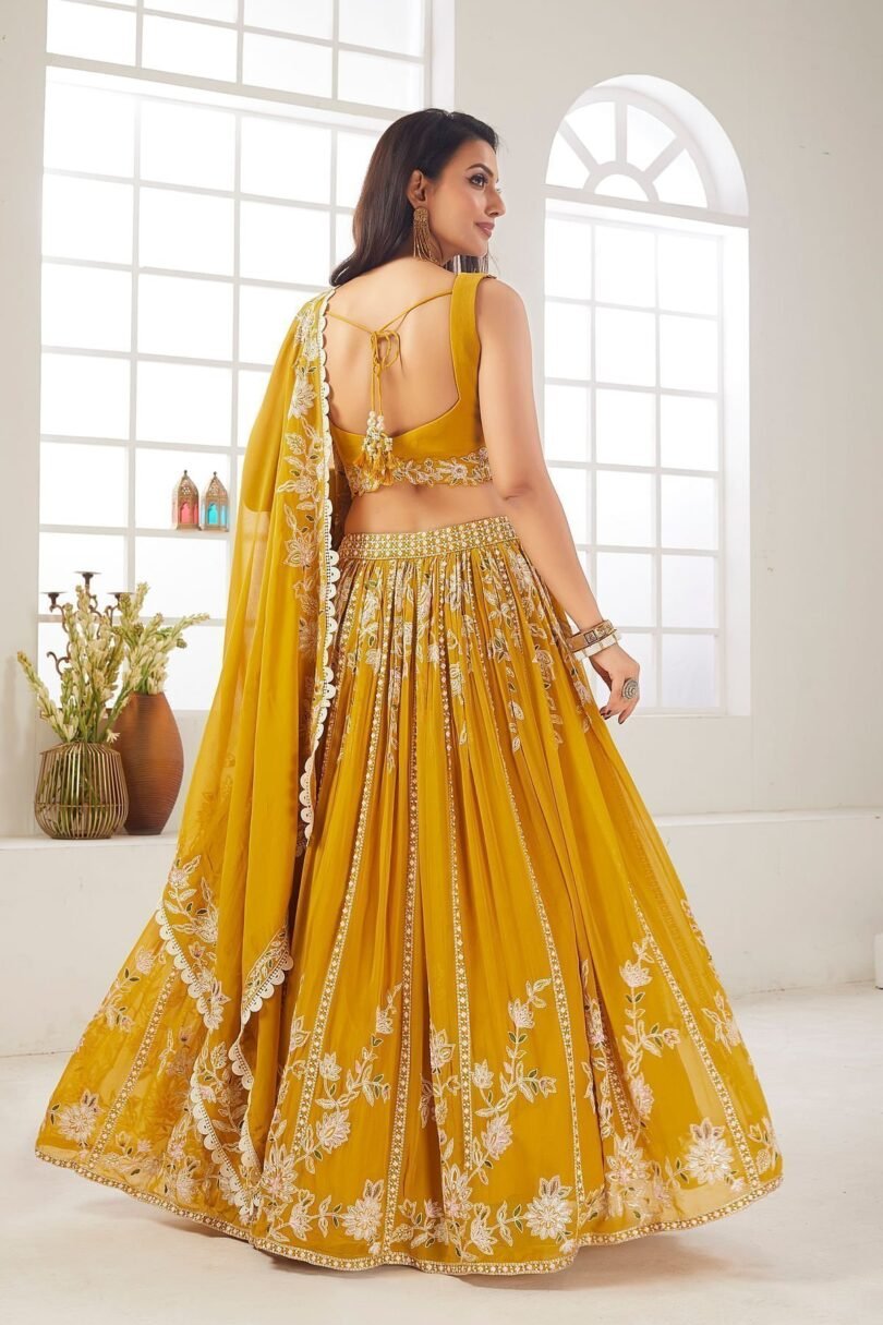 Spectra Yellow Sequins Embroidered Georgette Crop Top Lehenga - Image 5