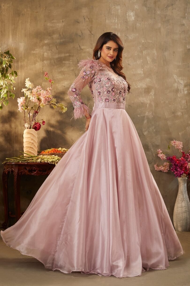 Bridal Rose Pink Sequins Embroidered Shimmer Organza Cocktail Gown - Image 5