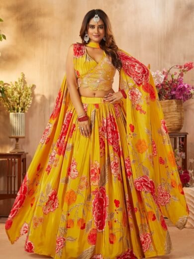 Golden Yellow Printed Crepe Party Wear Lehenga