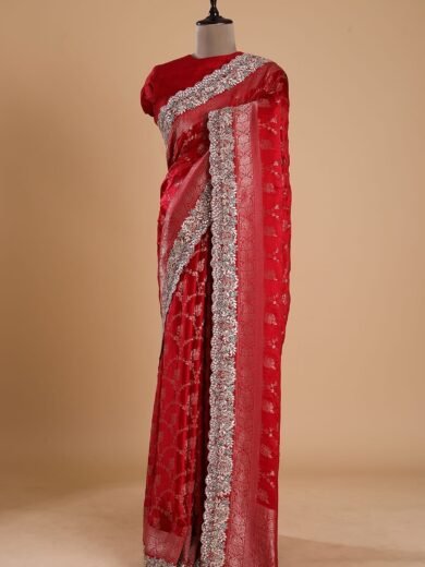 Crimson Red Gota Embroidered Satin Silk Saree