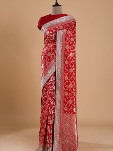 Crimson Red Sequins Embroidered Silk Saree