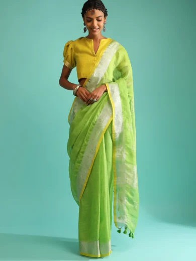Parrot Green Saree In Linen With Silver Brocade Border And Striped Pallu Along With Yellow Unstitched Blouse