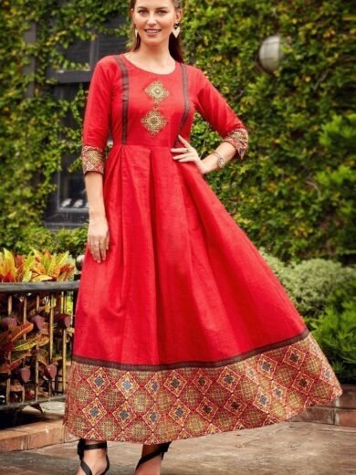 Red Color Cotton Luminous Readymade Kurti