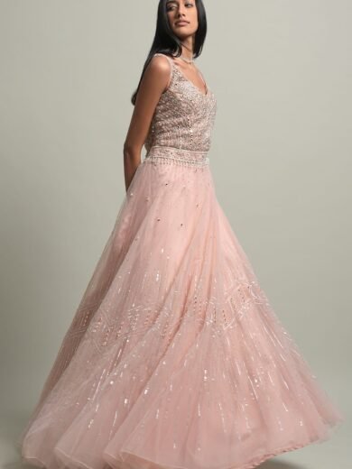 Light Peach Stone Embroidered Net Evening Gown