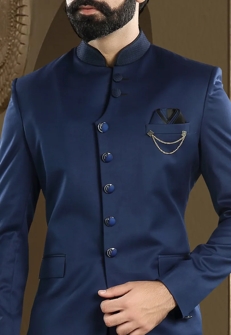 Solid Color Terry Rayon Jodhpuri Suit in Navy Blue - Image 2