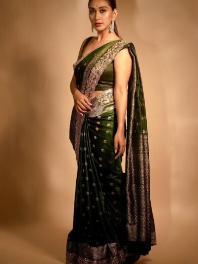 Castleton Green Zari Woven Floral Motif Satin Silk Saree