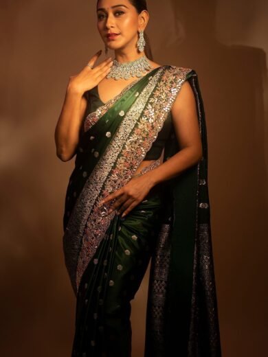 Castleton Green Zari Woven Floral Motif Satin Silk Saree - Image 4