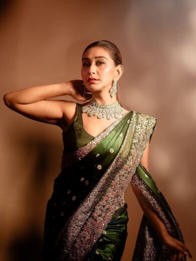 Castleton Green Zari Woven Floral Motif Satin Silk Saree - Image 3
