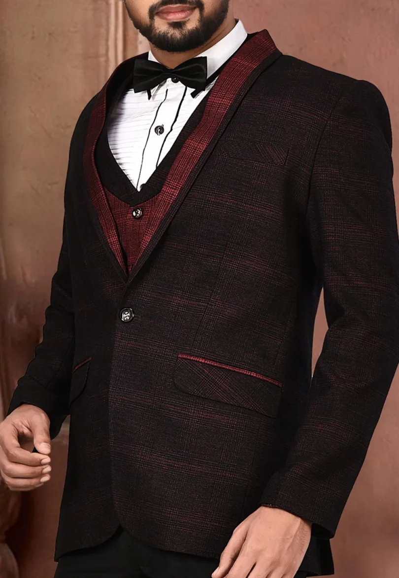 Woven Acrylic Cotton Tuxedo in Maroon and Black - Image 4