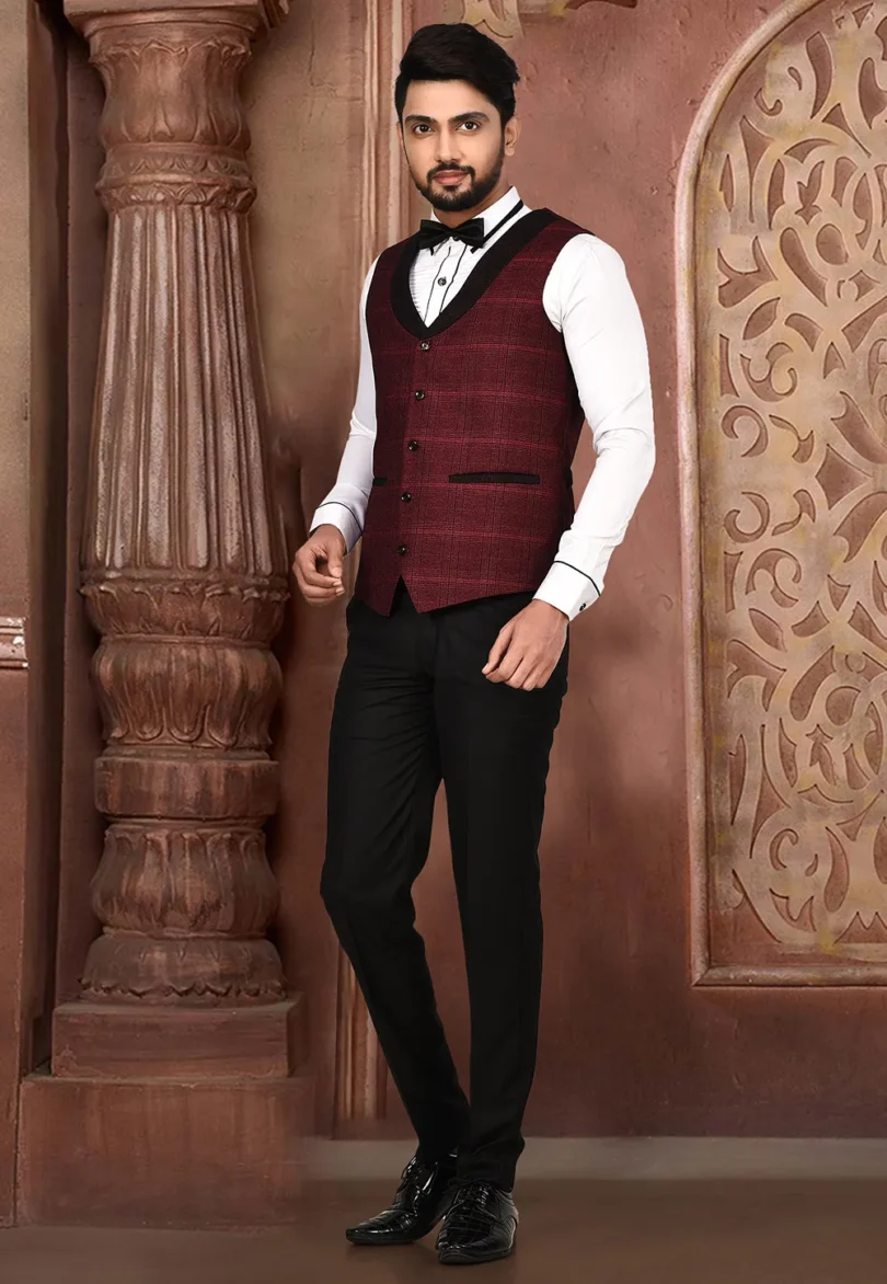 Woven Acrylic Cotton Tuxedo in Maroon and Black - Image 2
