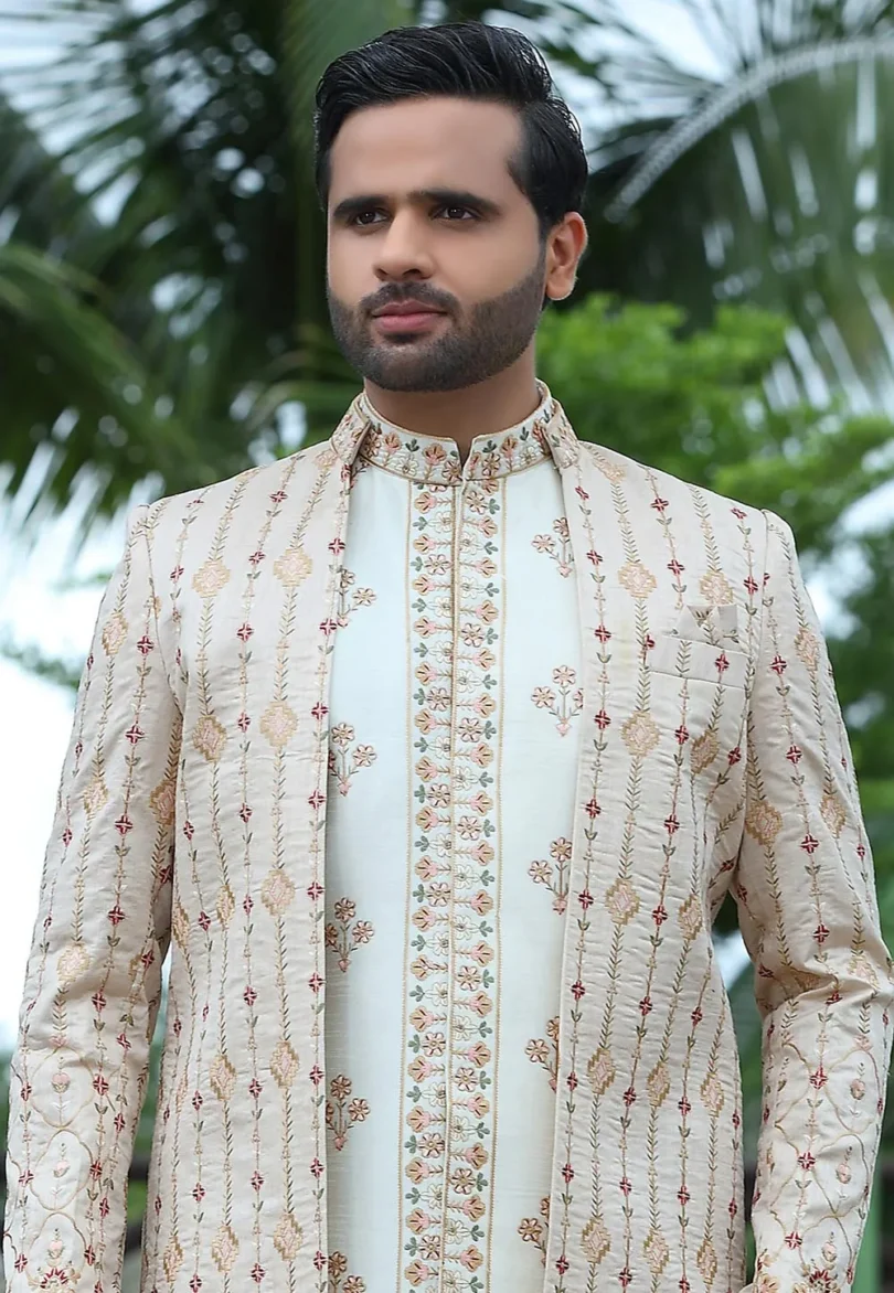 Woven Art Silk Jacket Style Sherwani in Off White - Image 2