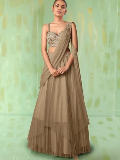 Beige Lehenga Set With Hand Embroidered Blouse
