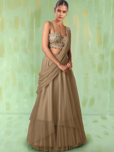 Beige Lehenga Set With Hand Embroidered Blouse - Image 6