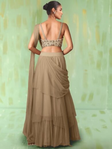 Beige Lehenga Set With Hand Embroidered Blouse - Image 5